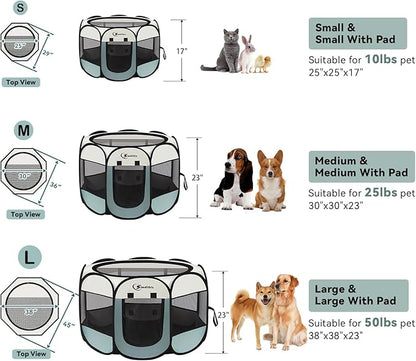 Siedihit Dog Playpen with 2 Washable Pee Pad, Puppy Pet Cat Playpen Small AnimalsTent Crate Indoor/Outdoor, Portable Pop Up Kennel with Carrying Case(Grey with 2 Pads, Small)