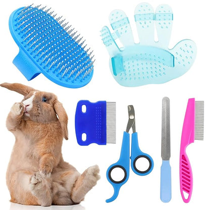 Rabbit Grooming Kit, Rabbit Brush for Shedding with Bunny Nail Clipper, Rabbit Nail Trimmers with Pet Combs for Hamster Guinea Pig Ferret by KALAMANDA(6 Pack)