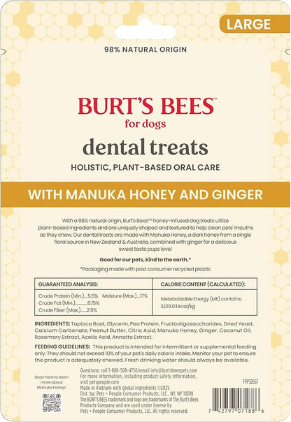 BURT'S BEES FOR PETS Dental Treats for Dogs with Manuka Honey & Ginger, Holistic, Plant-Based Oral Care, 98% Natural Origin Formulas, Peanut Butter Flavor, Dog Treats Medium Dogs, Sz Md/Lg 5ct, 7 oz