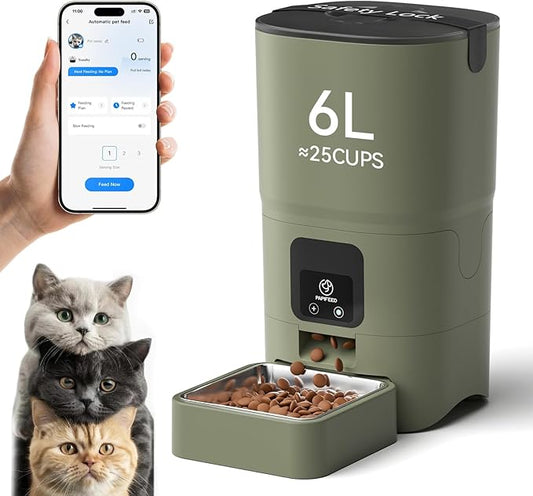 PAPIFEED Automatic Cat Feeder, 2.4G WiFi Cat Food Dispenser with App Control, 6L Timed Cat Feeders for Dry Food, Detachable for Easy Clean, Dual Power Supply, up to 10 Meals per Day, Army Green