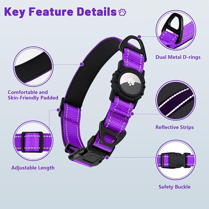 Taglory AirTag Dog Collar with Waterproof Holder for Small Dogs, Purple, S | Reflective for Night Walks & Low-Light Safety, Track Your Pup Peace of Mind, Adjustable Soft Padded, No More Dangling Tags