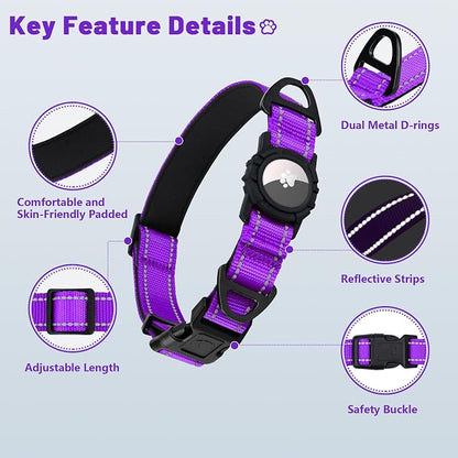 Taglory AirTag Dog Collar with Waterproof Holder for Small Dogs, Purple, S | Reflective for Night Walks & Low-Light Safety, Track Your Pup Peace of Mind, Adjustable Soft Padded, No More Dangling Tags
