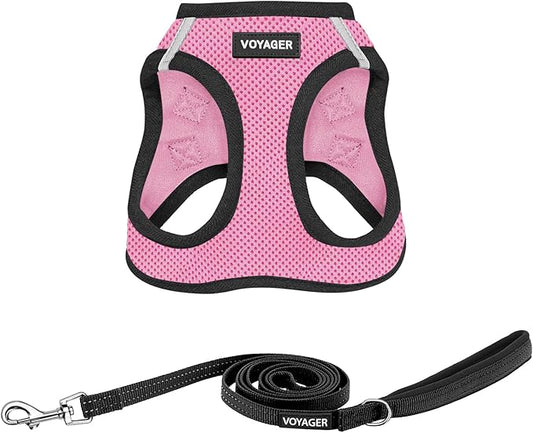 Best Pet Supplies Voyager Step-in Air All Weather Mesh Harness and Reflective Dog 5ft Leash Combo with Neoprene Handle, for Small, Medium and Large Breed Puppies - Set (Pink Base), Small