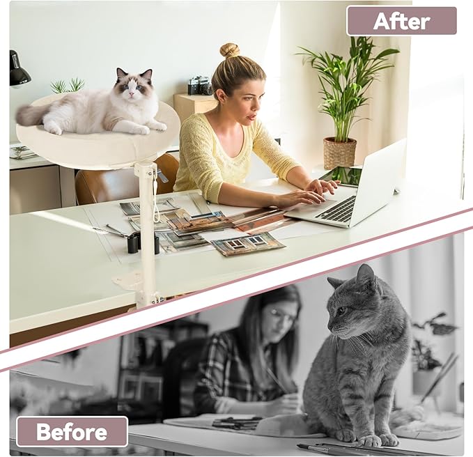 Cat Desk Bed,Steel Cat Bed for Desk,Up and Down Available,360° Rotating, Shelf Height Adjustable, Desktop Attachment Cats Nest Perch Hammock for Office Game Tables, Supports 40lb（Beige）