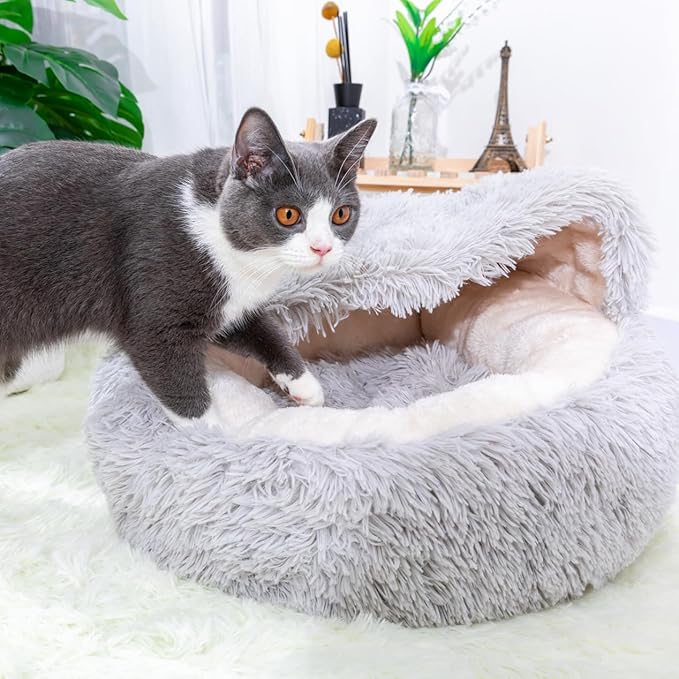 PetPals Round Cat Bed with Hoodie Cover and Removeable Washable Cushion, Super Soft Faux Fur Pet Bed for Puppy and Kitten with Anti-Slip Bottom (Faux Fur Igloo)