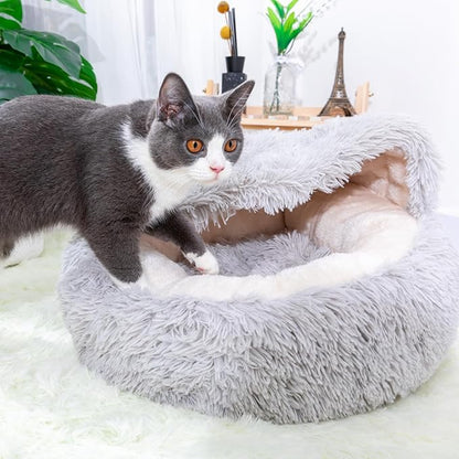 PetPals Round Cat Bed with Hoodie Cover and Removeable Washable Cushion, Super Soft Faux Fur Pet Bed for Puppy and Kitten with Anti-Slip Bottom (Faux Fur Igloo)