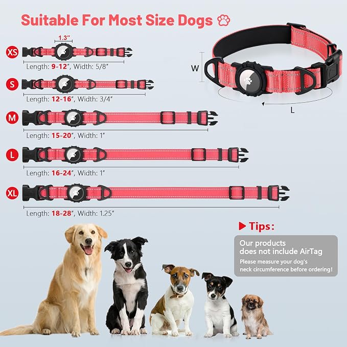Taglory AirTag Dog Collar with Waterproof Holder for Small Dogs, Baby Pink | Reflective for Night Walks & Low-Light Safety, Track Your Pup Peace of Mind, Adjustable Soft Padded, No More Dangling Tags S