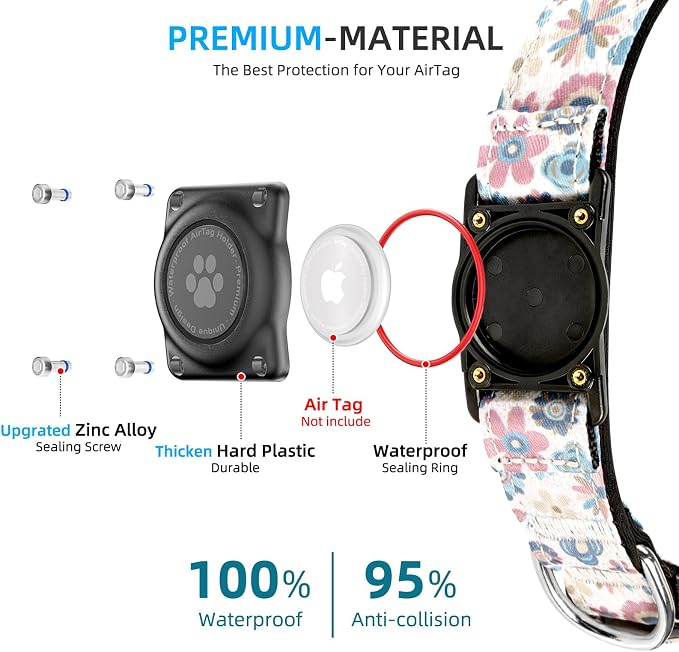 Upgrade Dog Collar with AirTag Holder, IP68 Waterproof, Boho Bloom, L | Built-in Water Resistant AirTag holder, 1000D Nylon, Reflective Stitching for Night Visibility, Soft padding for Comfort