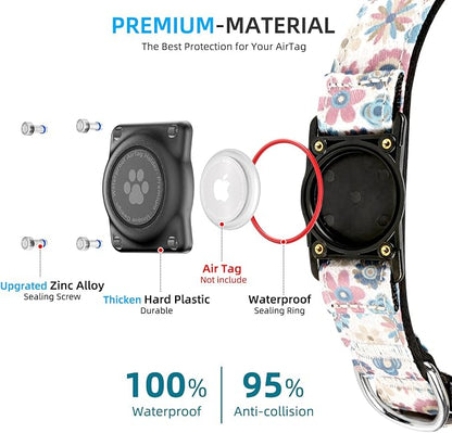 Upgrade Dog Collar with AirTag Holder, IP68 Waterproof, Boho Bloom, L | Built-in Water Resistant AirTag holder, 1000D Nylon, Reflective Stitching for Night Visibility, Soft padding for Comfort