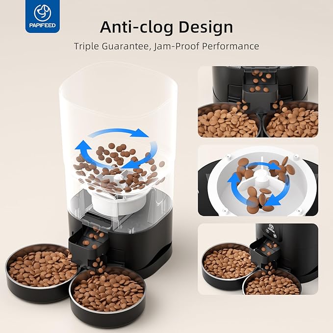 PAPIFEED Automatic Cat Feeder 2 Cats, 2.4G WiFi Cat Food Dispenser with App Control, 7L Slow Feed Timed Cat Feeders for Dry Food, 10 Meals/Day, 12 Portions/Meal, Dual Power Supply, Black