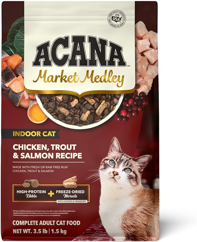 ACANA Market Medley Indoor Cat Adult Cat Food, Chicken, Trout & Salmon Recipe with Freeze-Dried Morsels Made with Chicken & Cranberry, Complete and Balanced Nutrition, 3.5 lb Bag