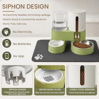Gravity Cat Feeder 2 Pack Automatic Food Feeder and Water Dispenser Set Detachable Pet Bowl with Silicone Mat for Cats Small Medium Dogs, Large Capacity(Green)