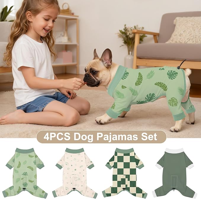 Bienbee Dog Pajamas, 4 Pack Dog Recovery Suit Shedding Suit Cute Soft Puppy Clothes Dogs Pjs Onesies Jammies Adjustable Breathable & Stretchy Clothes for Small Medium Large Dogs Girl Boy Puppy-M