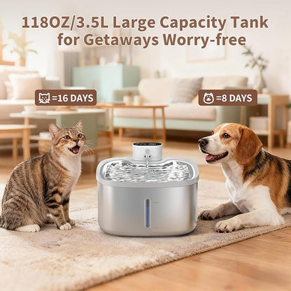 Cat Water Fountain Stainless Steel Wireless 118oz/3.5L–Cordless Battery-Operated Pet Water Dispenser with All-in-One Rechargeable Pump, Quiet Indoor Fountain for Cats & Dogs (Fountain+8Filters)
