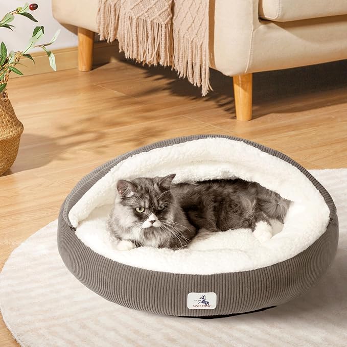 Cat Cave Bed for Indoor Cats, Hooded Cat Bed Covered Cat Bed Cave, Round Cat Cave Cute Kitty Bed, Washable Cat Bed for Cats & Small Dogs, Cat Beds with Cover Cozy Sleeping Nest, 23" Grey