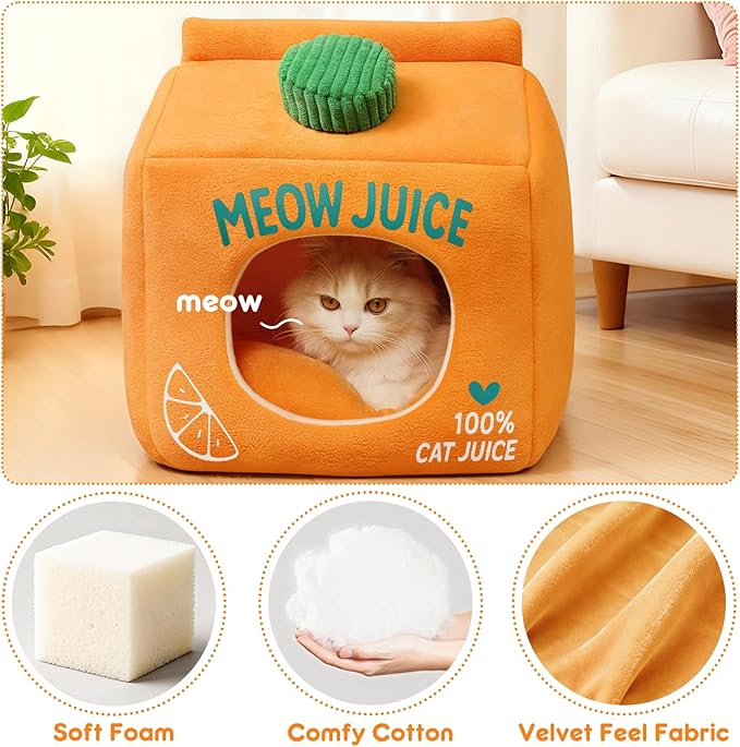 Juice Box Cat Cave Bed - Covered Cat Beds for Indoor Cats with Removable & Washable Cushion, Enclosed Kitten Puppy Hut, Cute Kitty Hideaway for Small Cats Dogs and Pet Breeds