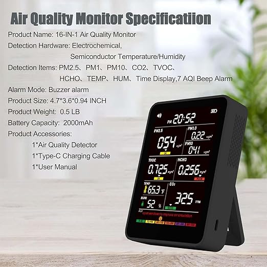 Professional Indoor Air Quality Monitor with AQI Alerts, Portable Real-Time Detector for Home, Car, Plants & Pets