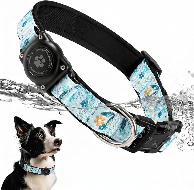 Upgrade Dog Collar with AirTag Holder, IP68 Waterproof, Blue Meadow, XL | Built-in Water Resistant AirTag holder, 1000D Nylon, Reflective Stitching for Night Visibility, Soft padding for Comfort