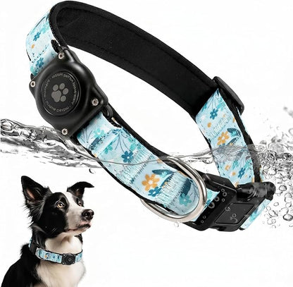 Upgrade Dog Collar with AirTag Holder, IP68 Waterproof, Blue Meadow, XL | Built-in Water Resistant AirTag holder, 1000D Nylon, Reflective Stitching for Night Visibility, Soft padding for Comfort