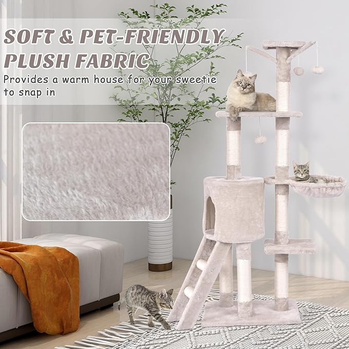 PETSITE 56 Inches Cat Tree for Indoor Cats, Multi-Level Cat Tower with Sisal Scratching Posts and Ladder, Tall Cat Tree with Top Perch, Hammock, Cat Condo & Jumping Platforms for Cats Kittens
