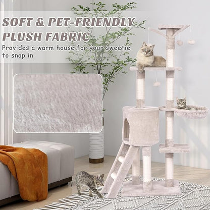 PETSITE 56 Inches Cat Tree for Indoor Cats, Multi-Level Cat Tower with Sisal Scratching Posts and Ladder, Tall Cat Tree with Top Perch, Hammock, Cat Condo & Jumping Platforms for Cats Kittens