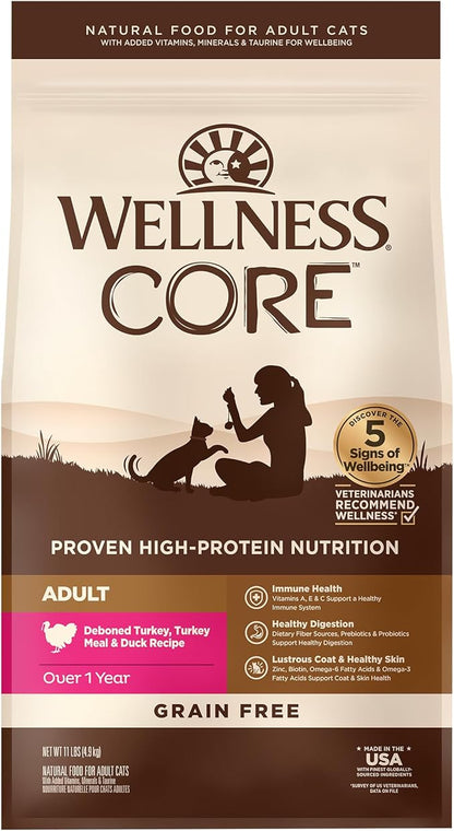Wellness CORE Adult Dry Cat Food, Natural, Grain Free Kibble, Turkey and Duck Recipe, 11 lb Bag