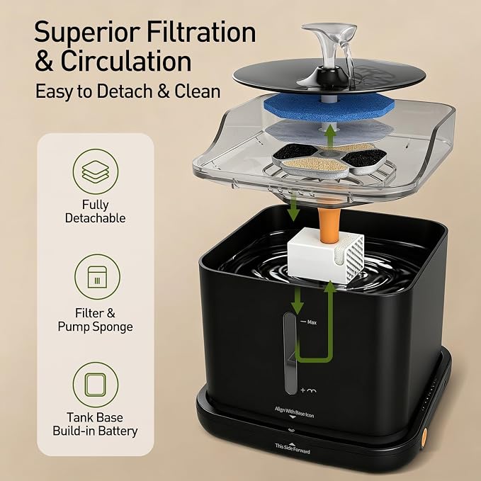Cat Water Fountain, 2.2L Automatic Pet Water Fountain for Cats and Small Dogs, 2.4GHz WiFi App Control, Rechargeable Motion Sensor, 3 Water Modes, Detachable Tank, Black