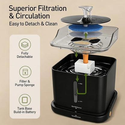Cat Water Fountain, 2.2L Automatic Pet Water Fountain for Cats and Small Dogs, 2.4GHz WiFi App Control, Rechargeable Motion Sensor, 3 Water Modes, Detachable Tank, Black