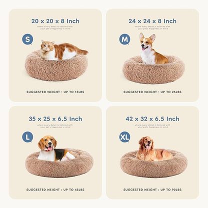 DUMOS Calming Donut Dog Beds for Large Dogs, 37.4x37.4 in Machine Washable Cuddler Warming Cozy Fluffy Faux Fur Plush Round Pet Bed, Anti-Slip Bed for Indoor Dogs and Cats, Brown