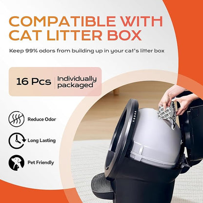16 PCS Cat Litter Box Deodorizer for Hooded Litter Boxe, Activated Charcoal Odor Absorber, Carbon Filter Compatible with Whisker OdorTrap Pod Accessories Filter and Traditional Litter Boxes, Unscented