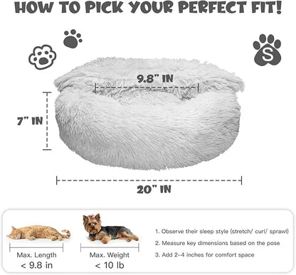 Himax Small Cat & Dog Bed with Cover, Calming Dog Bed for Small Dogs,Anti-Anxiety Donut Dog Bed with Attached Blanket,Washable Round Fluffy Pet Bed (20"/26"/35")，Light Grey