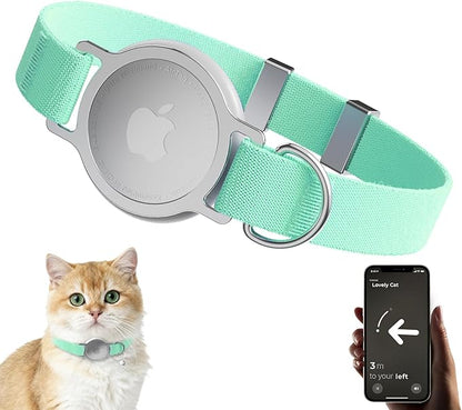 AirTag Cat Collar, Ultra Elastic Cat Tracker Collar with Apple Air Tag Holder, [Lightweight & Scratch Resistant] Stepless Adjustable GPS Pet Tracking Collars for Cats Kittens (Green)