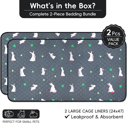 2 Pack Guinea Pig Cage Liners, Washable Guinea Pig Pee Pads Waterproof Reusable & Anti Slip Guinea Pig Bedding Fast and Super Absorbent Pee Pad Tarp Bottom for Small Animals (Rabbit Pattern 24" X 47")