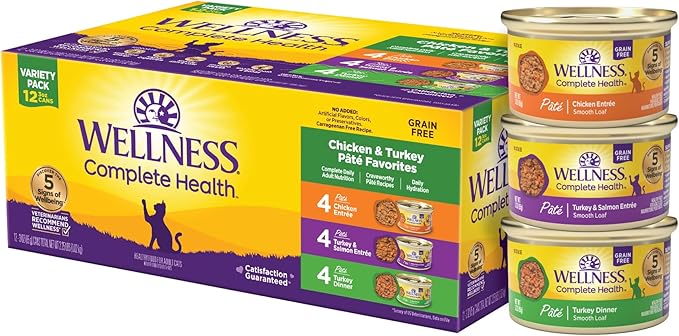 Wellness Complete Health Pate Variety Pack Adult Canned Wet Cat Food, Natural, Protein Rich, Grain Free, Chicken and Turkey Favorites, 3 oz, Pack of 12 Cans