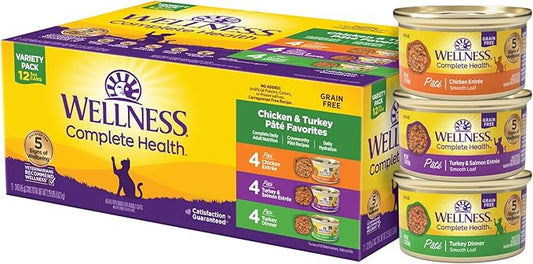 Wellness Complete Health Pate Variety Pack Adult Canned Wet Cat Food, Natural, Protein Rich, Grain Free, Chicken and Turkey Favorites, 3 oz, Pack of 12 Cans