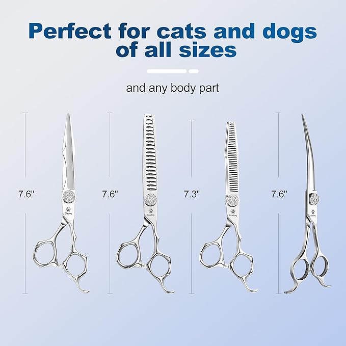 GLADOG Luxury Dog Grooming Scissors Set - 7" Straight, 6.5" Thinning, 7" Chunkers, 7" Curved - 9CR Steel, Silver Luxe, Right Hand, Plastic Handle, 4 Count