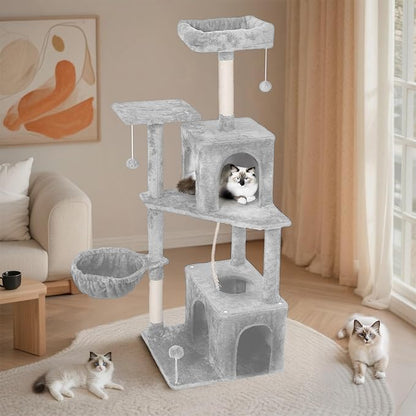Cat Tree, 54-Inch Cat Tower for Indoor Cats, Soft Plush Multi-Level Climbing Cat Condo with Scratching Posts, Basket, Perches,2 Caves,2 Pompoms Play House for Cat (Light Grey01)