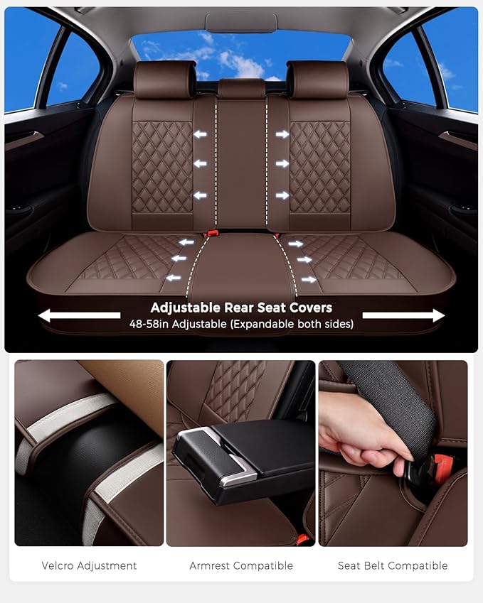Huidasource Coffee Seat Cover, Nappa Leather Car Seat Cover, Velcro Adjustable, Compatible with Airbags, Armrests, Child Seat, Seat Belts, Fit for Most Cars, Vans, Trucks, SUVs (Full Set/Coffee)