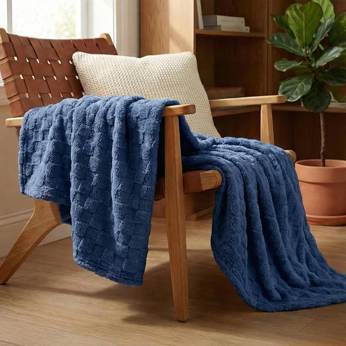 Americanflat 50x60 Jacquard Fleece Throw Blanket - Soft and Breathable Throw Blanket for Couch, Bed, Chair - Fleece Blankets Perfect for Home, Bedroom, or Outdoor Use - Checkered Design in Dark Blue
