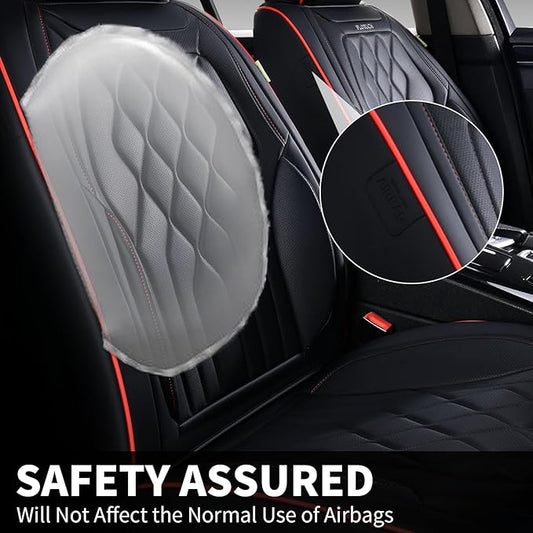FLORICH Car Seat Covers Front Seat Covers Waterproof Leather Car Seat Protector Universal Fit Most Automotive, SUV, Truck (Black Seat Covers with Red Stitching, 2 Front Set)