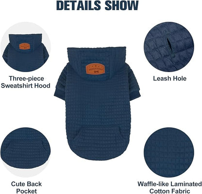 BEAUTYZOO Small Dog Hoodie Sweater with Pockets, Dog Clothes for Small Medium Dogs Boy Girl, Waffle-Like Laminated Cotton Pet Coats with Hat and Leash Hole, Navy Blue L