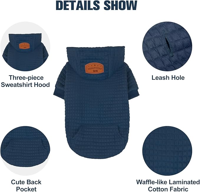 BEAUTYZOO Small Dog Hoodie Sweater with Pockets, Dog Clothes for Small Medium Dogs Boy Girl, Waffle-Like Laminated Pet Coats with Hat and Leash Hole, Navy Blue S