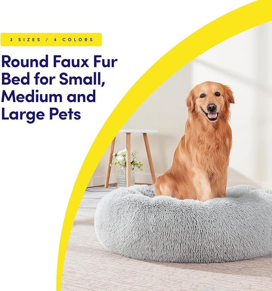 Dog & Cat Bed: Round Faux Fur Pet Bed - Plush, Cozy, & Calming Donut Bed for Medium Pets - Soft & Comfortable Sleeping Cushion for Napping & Lounging, 23" Round, Silver