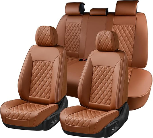 Huidasource Brown Seat Covers, Nappa Leather Car Seat Covers, Velcro Adjustable, Compatible with Airbags, Armrests, Child Seat, Seat Belts, Fit for Most Cars, Vans, Trucks, SUVs (Full Set/Brown)