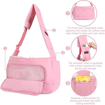 Pet Sling Carrier for Small to Medium Dogs and Cats, Fits 10–20lbs, Adjustable Soft Padded Shoulder Strap Dog Sling Carrier with Storage Pocket for Hands-Free Outdoor Travel & Hiking Pink