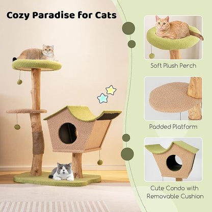 PETSITE 43 Inches Cat Tree for Indoor Cats, Wooden Multi-Level Cat Tower with Scratching Post, Top Perch, Cat Condo, Jingling Balls, Modern Cat Tree Tower for Large Cats