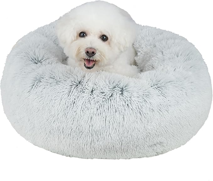 Best Pet Supplies Round Calming Dog Bed for Small, Medium & Large Dogs, Plush Donut Cuddler Pet Bed w/Raised Rim for Head, Neck Support, Anti-Slip Bottom Washable Bed - Light Warm Gray, 30 x 30 x 8