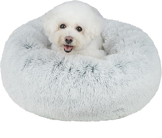 Best Pet Supplies Round Calming Dog Bed for Small, Medium & Large Dogs, Plush Donut Cuddler Pet Bed w/Raised Rim for Head, Neck Support, Anti-Slip Bottom Washable Bed - Light Warm Gray, 30 x 30 x 8