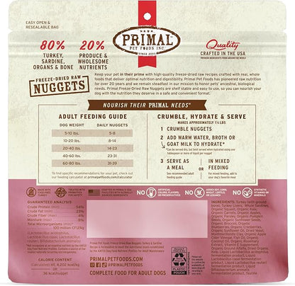 Primal Freeze Dried Raw Dog Food Nuggets, Turkey & Sardine, Complete & Balanced Meal, Also Use as Topper or Treat, Premium, Healthy, Grain Free, High Protein Raw Dog Food, 5.5 oz