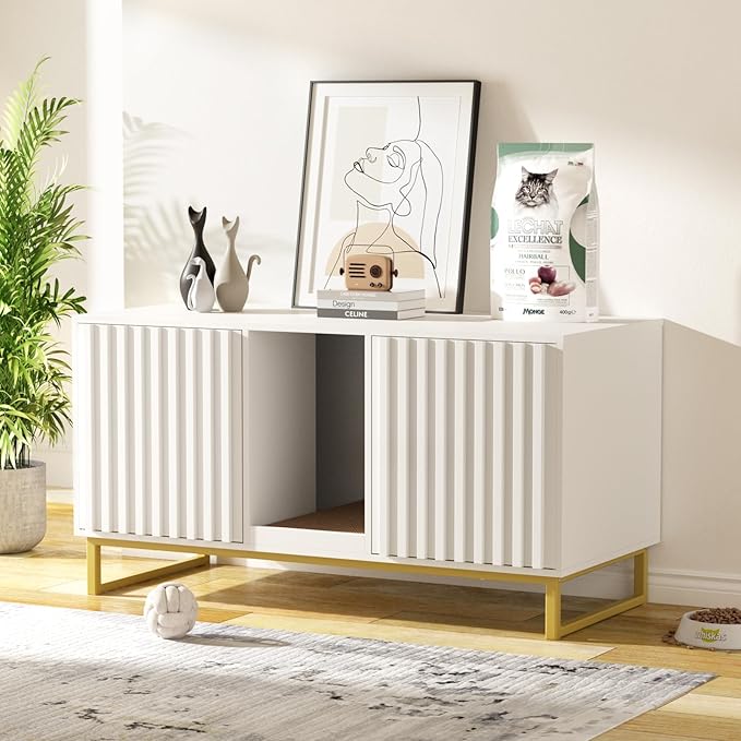 Halitaa Double Litter Box Enclosure,Modern Cat Litter Box Enclosure for 2 Cats, Hidden Litter Box with Cat Scratch Pad, Cat Washroom Cat House End Table, Entryway Bench for Livingroom (White)